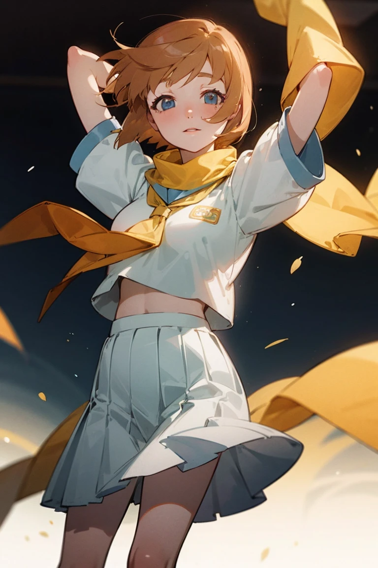 One girl，Beautiful viewasterpiece、Highest quality)，Short Hair,Orange Hair，Light blue sailor suit，Light blue skirt Yellow scarf，，Short sleeve，Blue eyes，whole body，loafers