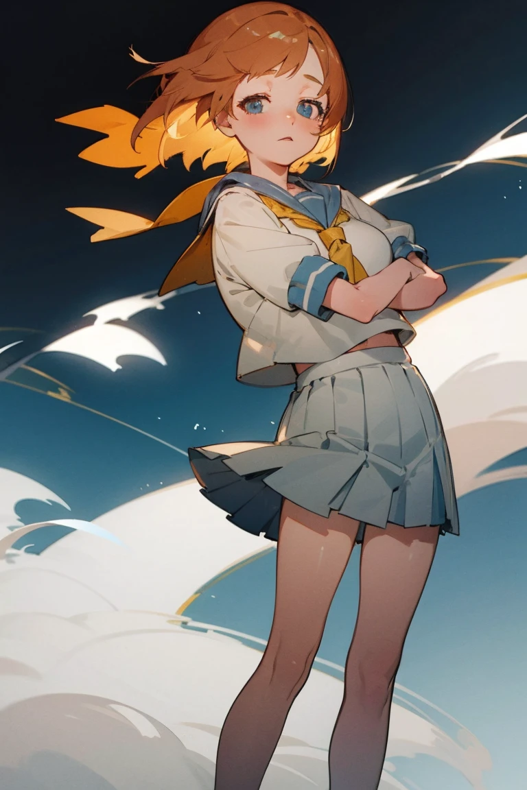 One girl，Beautiful viewasterpiece、Highest quality)，Short Hair,Orange Hair，Light blue sailor suit，Light blue skirt Yellow scarf，，Short sleeve，Blue eyes，whole body，loafers