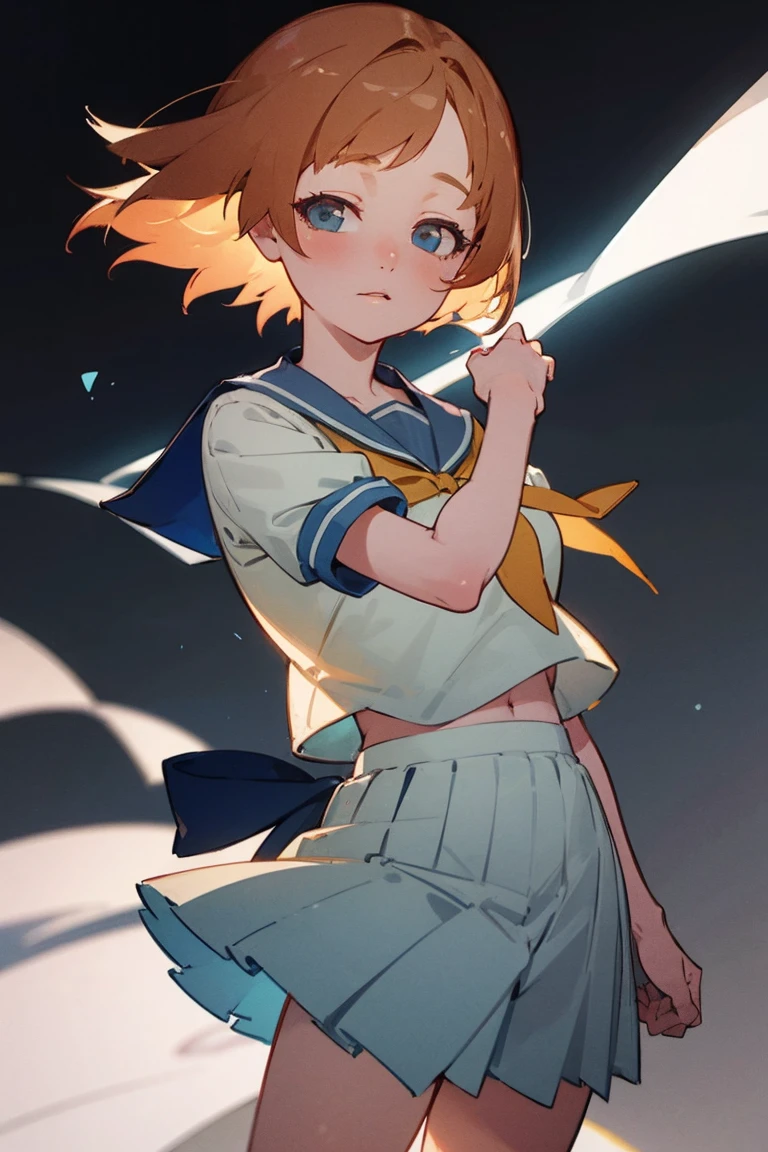 One girl，Beautiful viewasterpiece、Highest quality)，Short Hair,Orange Hair，Light blue sailor suit，Light blue skirt with yellow ribbon，Short sleeve，Blue eyes，whole body，loafers