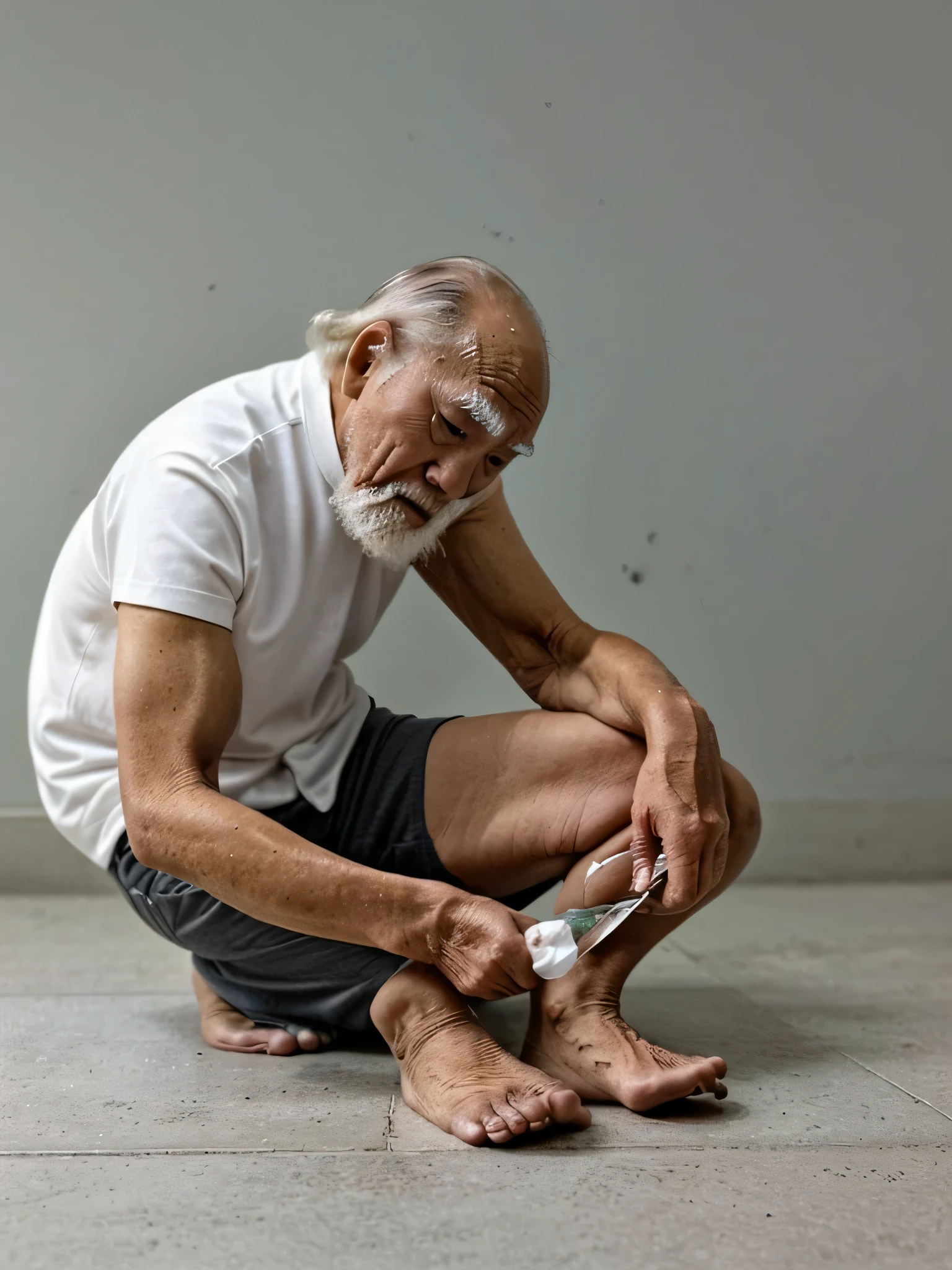 Un vieil homme cherchant une lentille de contact tombée par terre、Du côté, ouvrez vos jambes