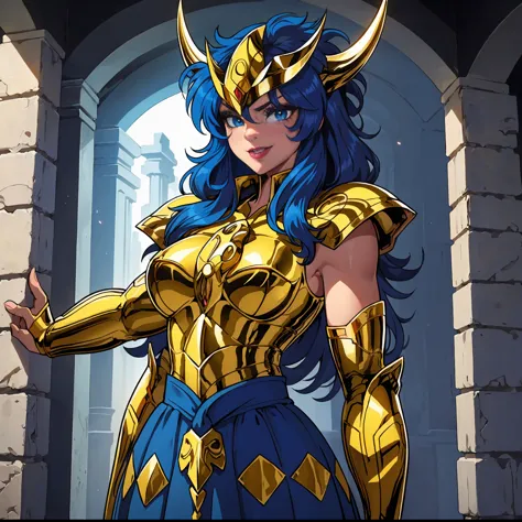 Scorpio Gold Armor, ((Messy hair, blue hair, glowing blue eyes, lipstick, makeup, narrow waist, skinny, medium breasts, alone)),...