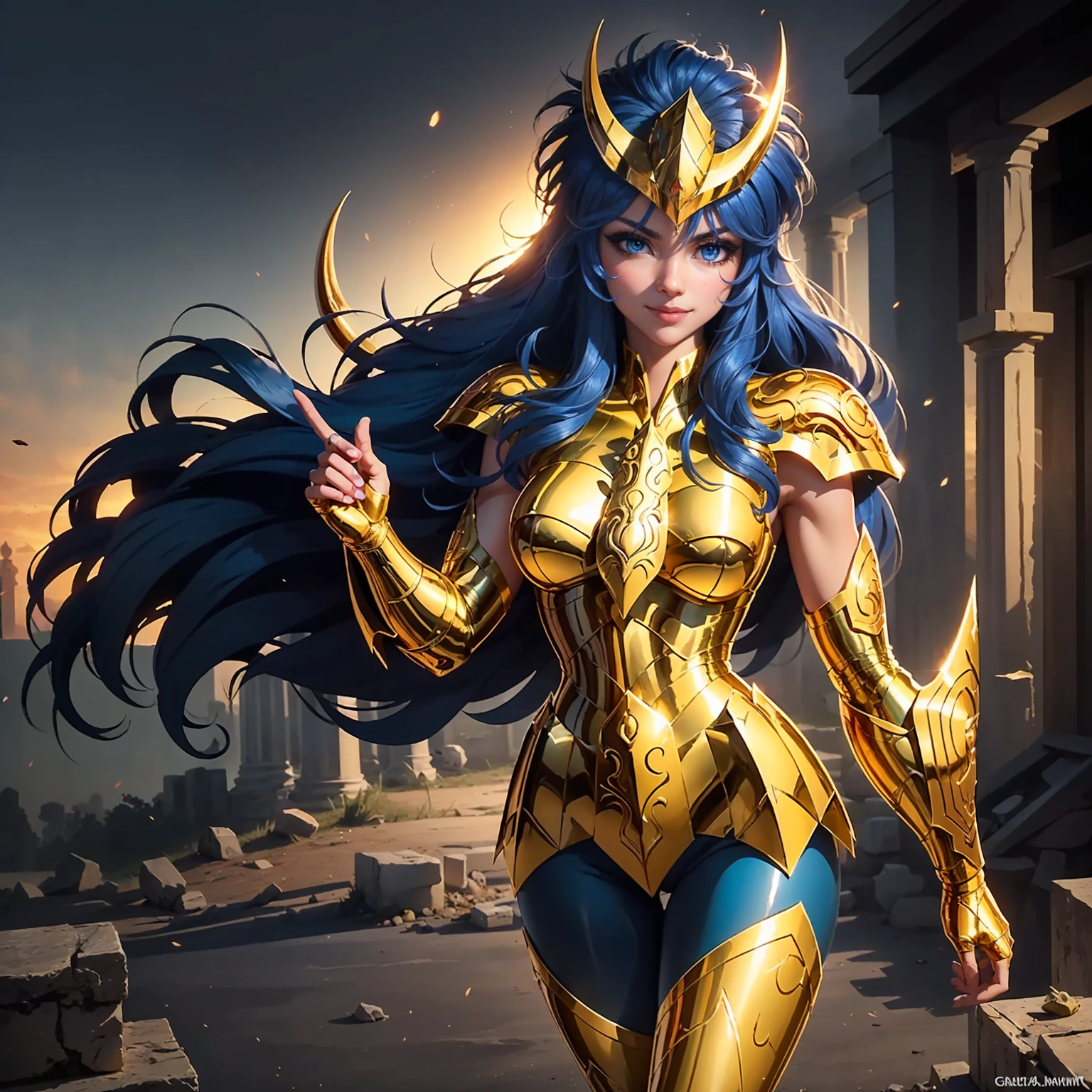 Scorpio Gold Armor, ((Messy hair, blue hair, glowing blue eyes, lipstick, makeup, narrow waist, skinny, medium breasts, alone)), pelvic curtain, ((scorpioarmor, armor,golden shinning armor, reflection armor, helmet)), full body, perfect body, (insanely detailed, beautiful detailed face, masterpiece, best quality) , (((solo))), (((1girl))), (((mature))), (extremely detailed 8k paper CG wall unit: 1.1), (greek ruins background, dusk), (smile face for the viewer), 