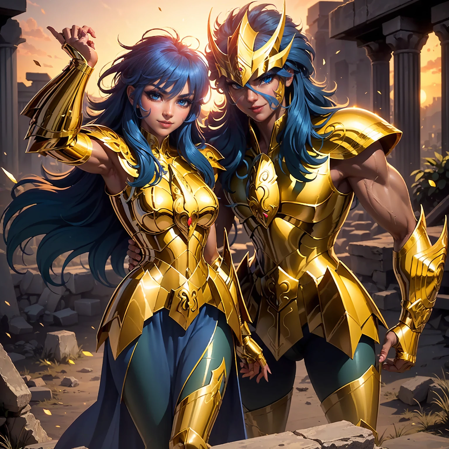 Scorpio Gold Armor, ((Messy hair, blue hair, glowing blue eyes, lipstick, makeup, narrow waist, skinny, medium breasts, alone)), pelvic curtain, ((scorpioarmor, armor,golden shinning armor, reflection armor, helmet)), full body, perfect body, (insanely detailed, beautiful detailed face, masterpiece, best quality) , (((solo))), (((1girl))), (((mature))), (extremely detailed 8k paper CG wall unit: 1.1), (greek ruins background, dusk), (smile face for the viewer), 