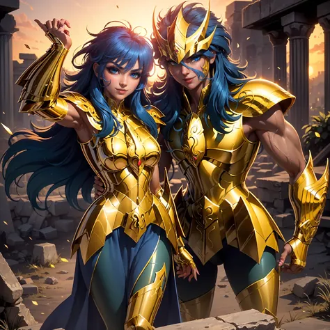 Scorpio Gold Armor, ((Messy hair, blue hair, glowing blue eyes, lipstick, makeup, narrow waist, skinny, medium breasts, alone)),...