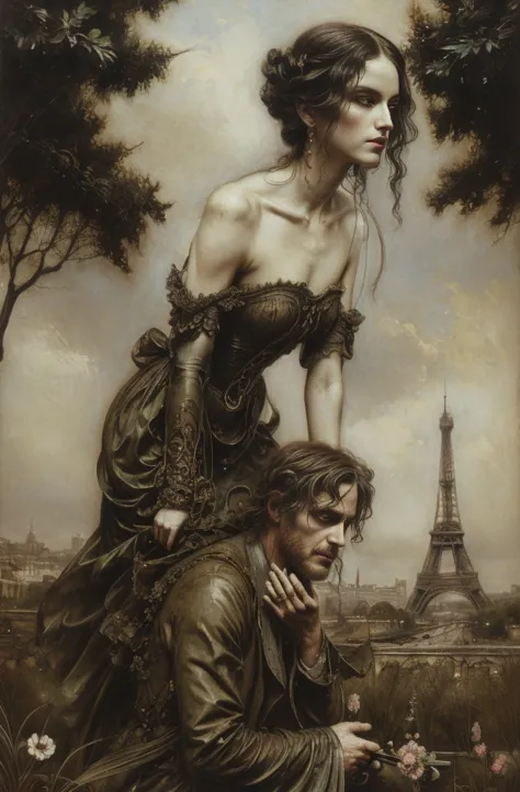 美しいoil画, adventures, 1920年代のparis, beautiful man and woman facing each other, man and woman break up scene, the separation of lu...