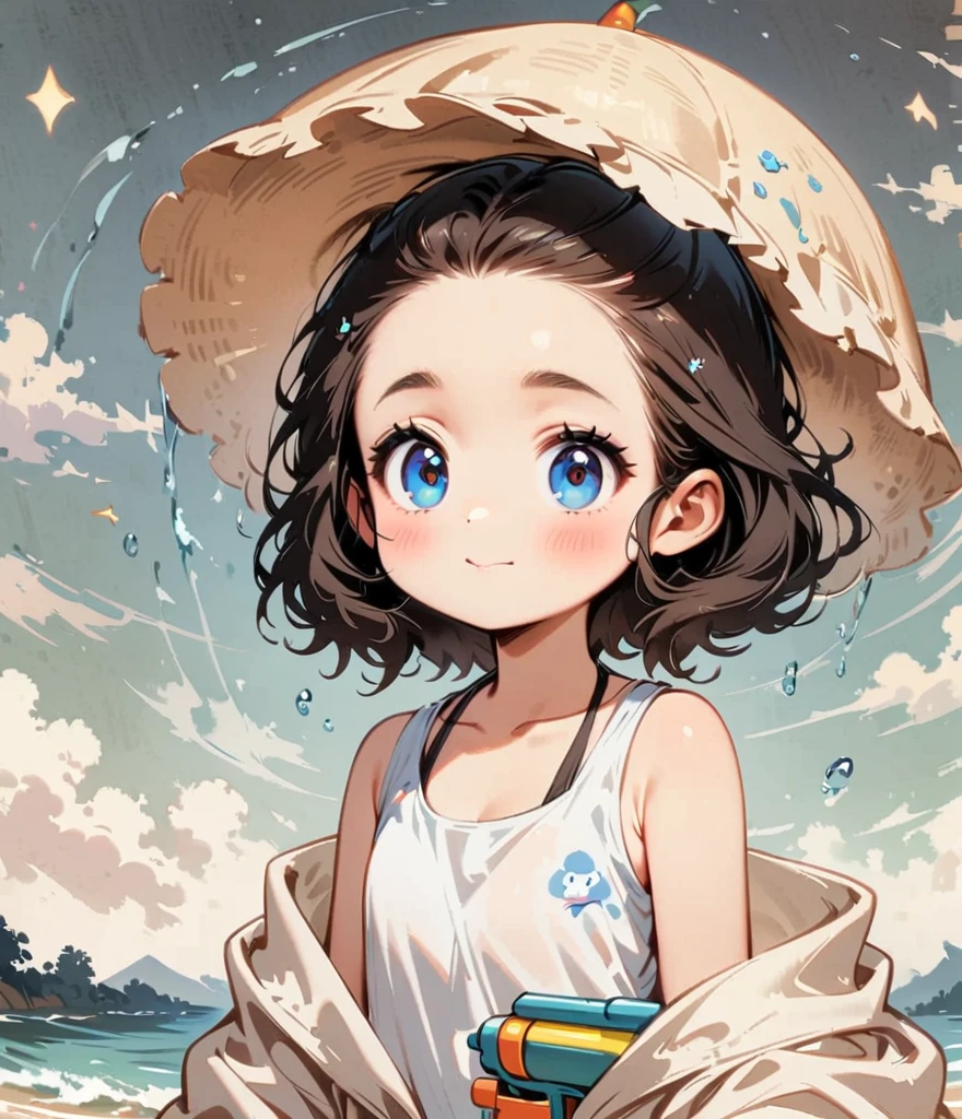 Water comes out of the water gun、Gardenia flowers、large white flowers、Cartoon style character design，1 Girl, alone，Big eyes，Cute expression，Tank top、interesting，interesting，Clean Lines