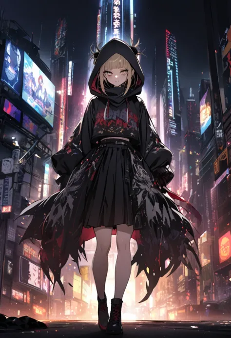 himiko toga、wearing a black hood、rainy dark night city、