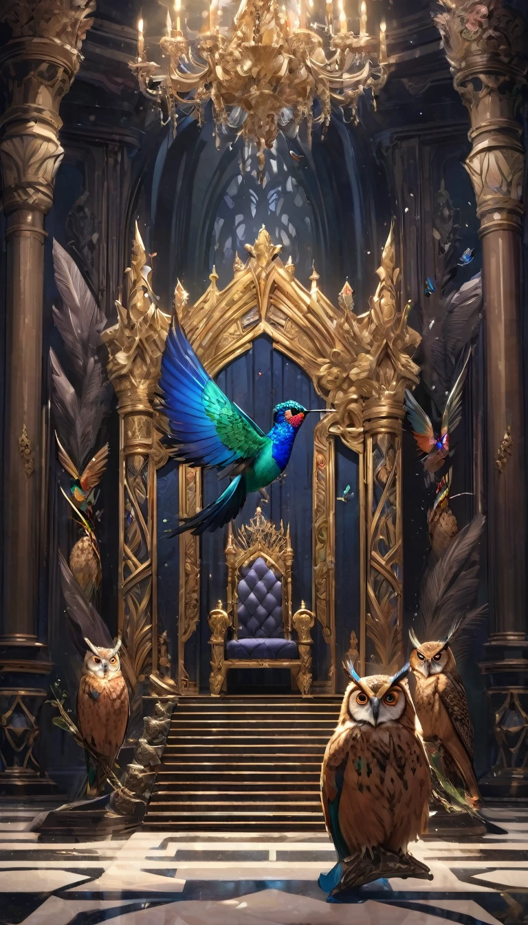 Opulent throne hall with courtiers in extravagant clothing. A colorful hummingbird buzzes around a dull-feathered peacock, while a wise owl watches from a dark corner."