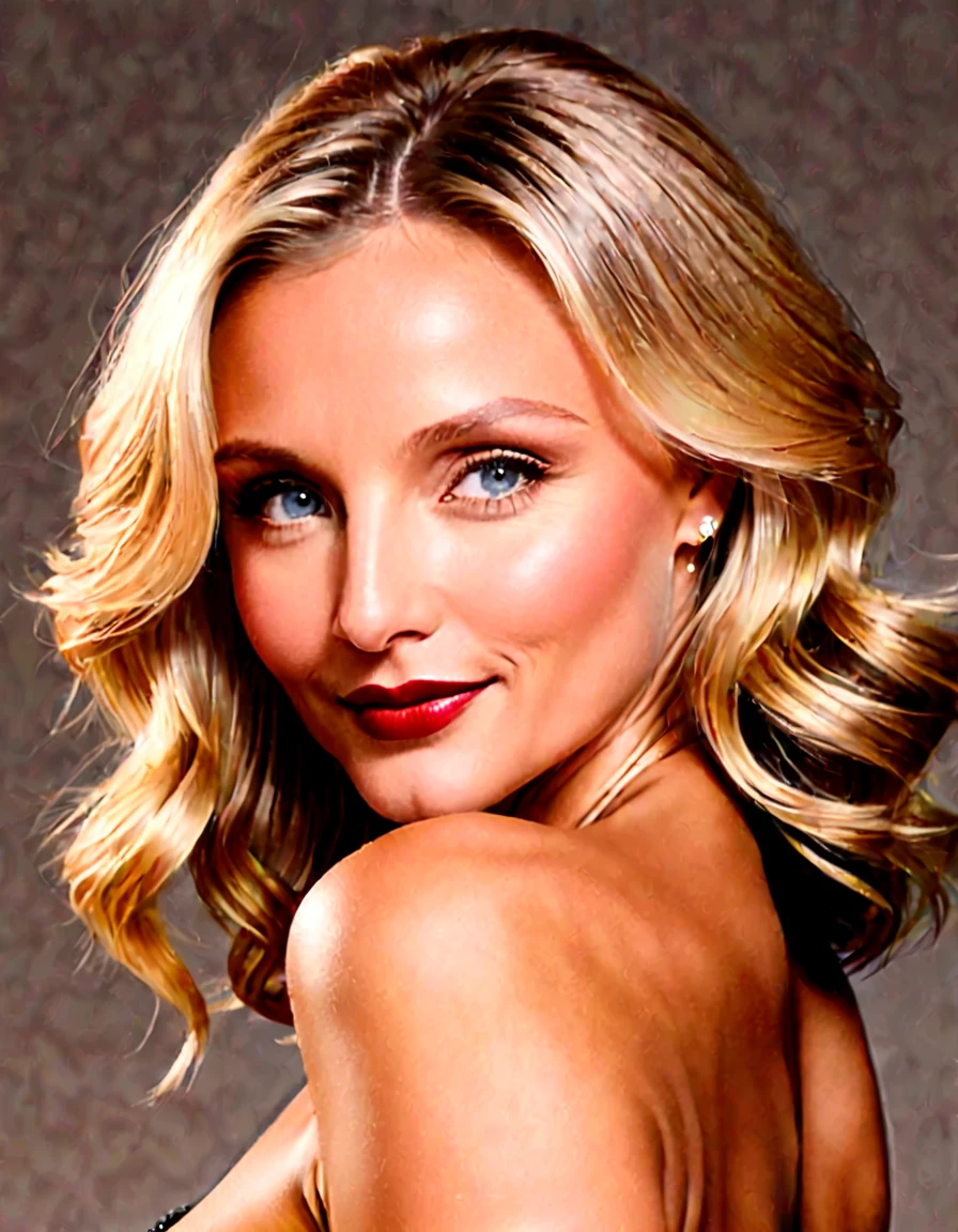 Generate a portrait of Cameron Diaz exuding timeless elegance and vintage glamour. Envision her in a classic Hollywood setting with soft, flattering lighting. Emphasize her features with a touch of sophistication, perhaps inspired by the golden age of Hollywood. Ultra Realistic photo, vibrant colors, 16k