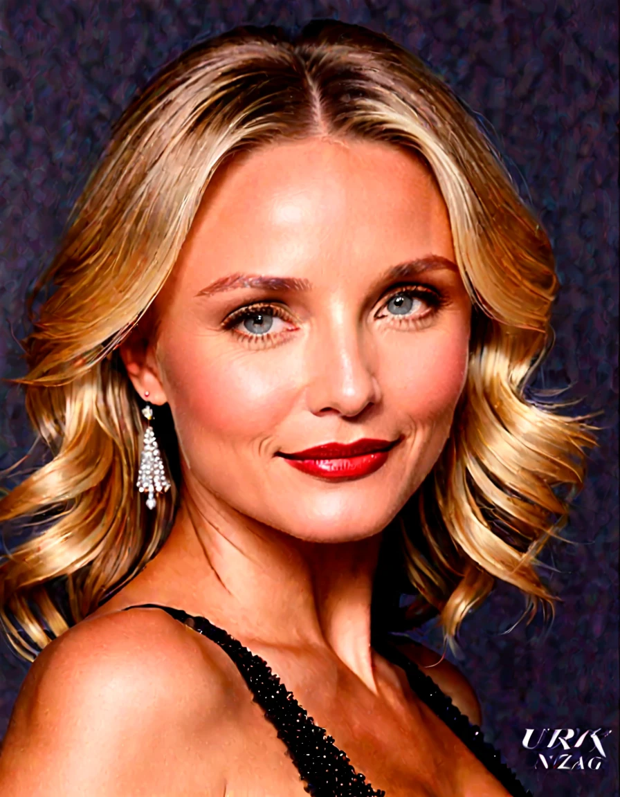 Generate a portrait of Cameron Diaz exuding timeless elegance and vintage glamour. Envision her in a classic Hollywood setting with soft, flattering lighting. Emphasize her features with a touch of sophistication, perhaps inspired by the golden age of Hollywood. Ultra Realistic photo, vibrant colors, 16k