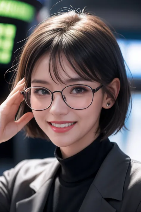 a girl with short hair, wearing transparent glasses, smiling and raising her hand, in a stock market setting, half-body shot, sm...