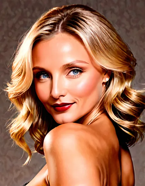 generate a portrait of cameron diaz exuding timeless elegance and vintage glamour. envision her in a classic hollywood setting w...