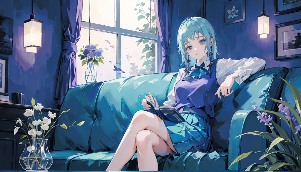 1 girl, long cyan hair, beautiful blue eyes, wearing a blue skirt vest, Pose sitting on the sofa, head leaning on the sofa, holding a book, reading a book, luxurious room, glass flowers in an aquarium, beautiful purple flowers 