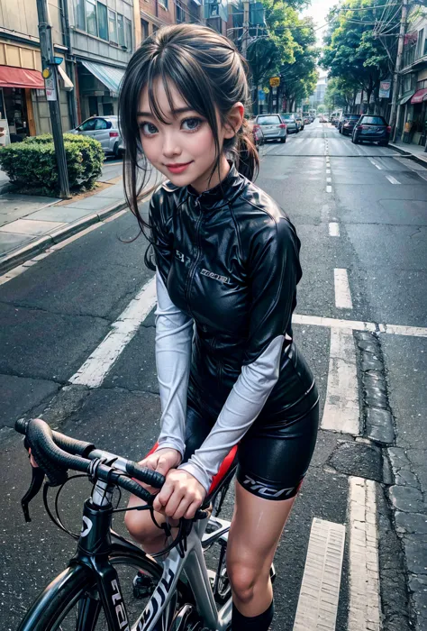 NSFW、Highest quality、(One girl),Big Breasts、(Road bike)、((Get on a bike))、Smiling at the viewer、Beautiful Eyes、Beautiful Face、De...
