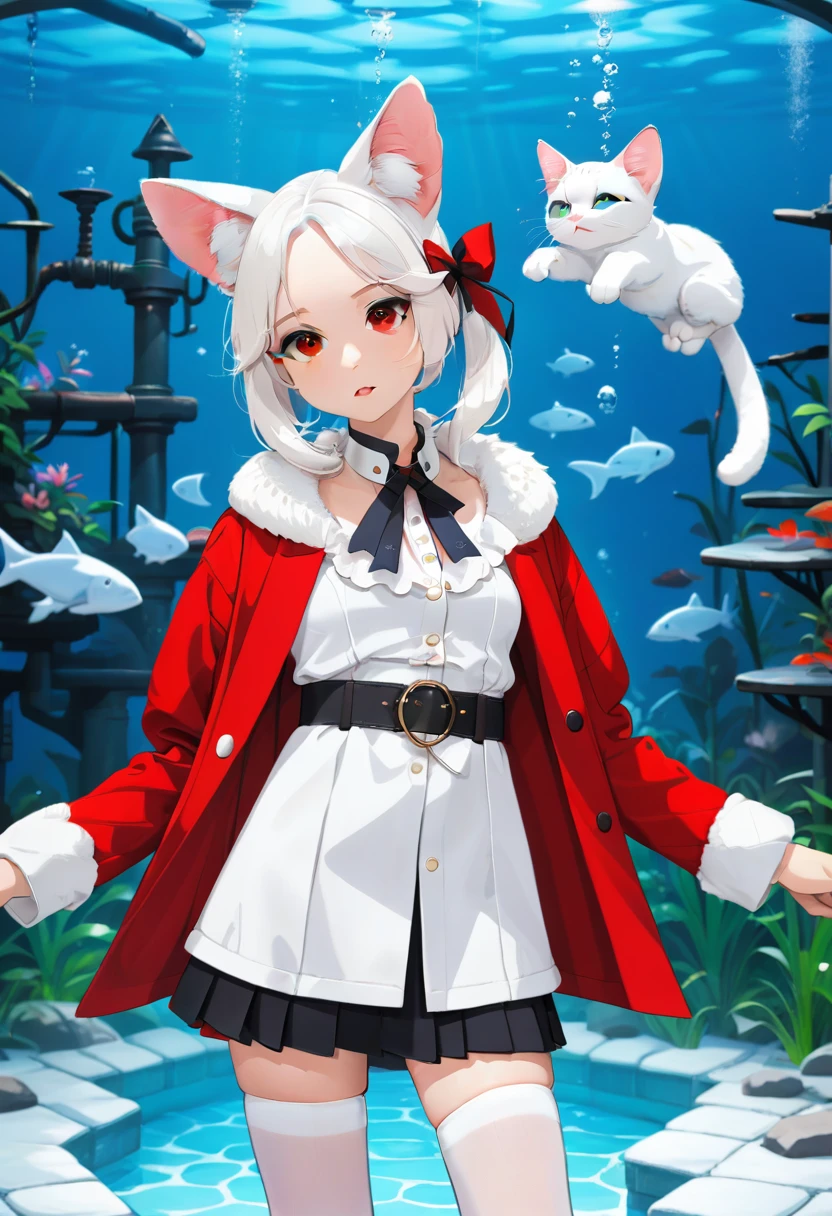 masterpiece, highest quality, highest resolution, clear_image, detailed details, White hair, long hair, cat ears, 1 girl, red eyes, white lab coat (with a black short skirt), white pantyhose, white scarf (around the neck), cute, full body, no water marks, laboratory, no extra limps, no extra body, NSFW, small breast