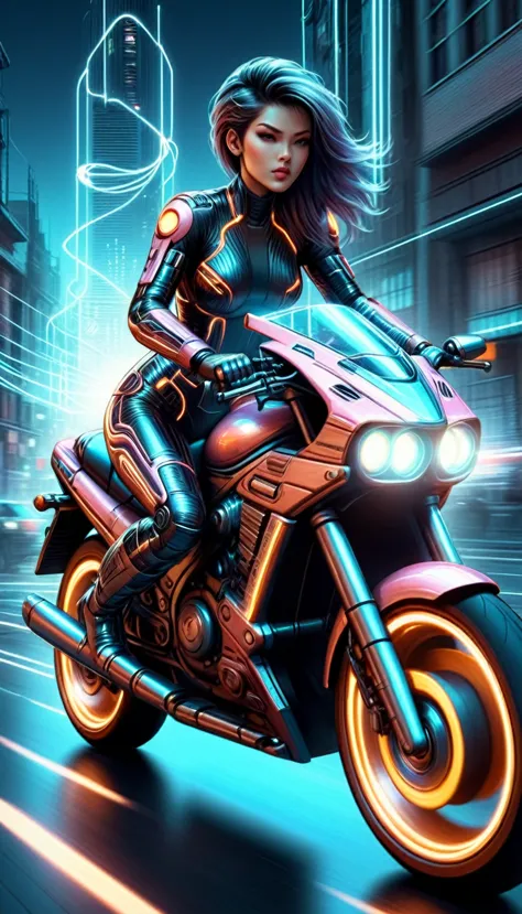 Cyberspace Madness, Woman driving motorcycle,  Light trail, Dynamic pose, grid, Motion Blur, cyber punk, Retro, sf, city(masterp...