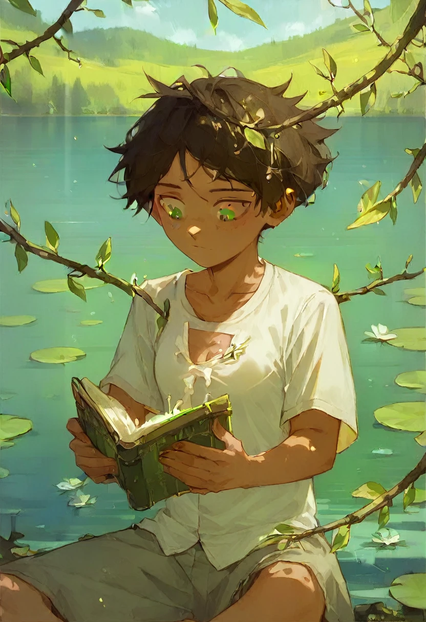 Girl reading a book by the lake, girl(Juvenile wind,Hairstyle that bounces out,Very Short Hair,Dark brown hair,Green Eyes,White shirt,Dairy-free,Boyish chest)Bright colors, spring, Willow Branch, comfortable, Warm sunshine,NSFW,Leg spread,Small breasts,Sit on a bench,Smile with shadow,blush,Sticking out tongue,Open your mouth,White Breath,pussy juice,masturbation,Put your hand on
