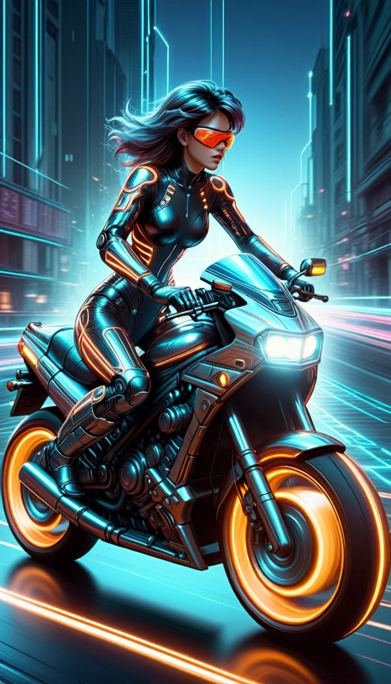 Cyberspace Madness, Woman driving motorcycle, Light trail, Dynamic pose, grid, Motion Blur, cyber punk, Retro, sf, city(masterpiece:1.2), Highest quality, (Ultra-detailed, Most detailed:1.2), High resolution textures