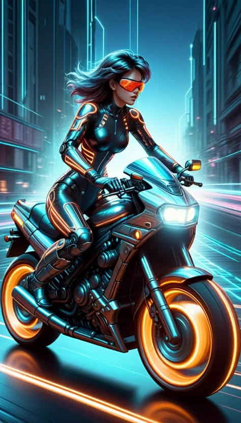 Cyberspace Madness, Woman driving motorcycle, Light trail, Dynamic pose, grid, Motion Blur, cyber punk, Retro, sf, city(masterpi...