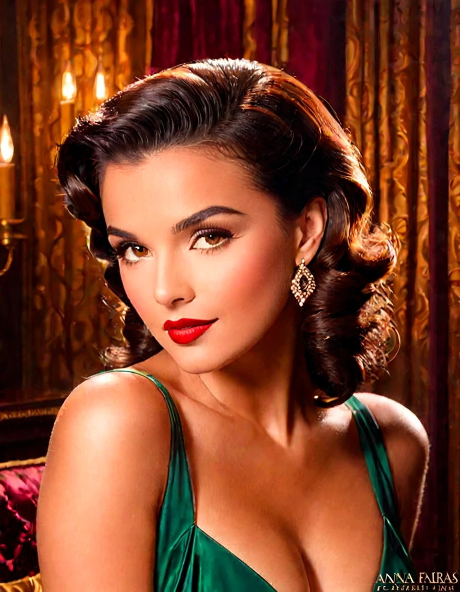 Generate a portrait of Anna Farias exuding timeless elegance and vintage glamour. Envision her in a classic Hollywood setting with soft, flattering lighting. Emphasize her features with a touch of sophistication, perhaps inspired by the golden age of Hollywood. Ultra Realistic photo, vibrant colors, 16k