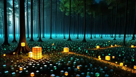 an enchanted forest made up of ral-3d cubes, surrounded by the fantastic light of fireflies ,the wide sea is nearby,there are lo...