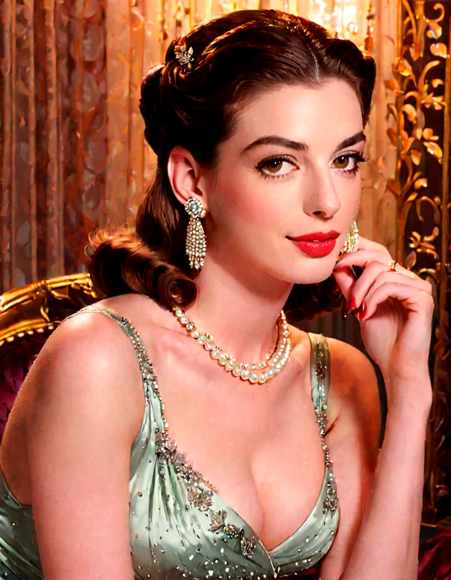 Generate a portrait of Anne Hathaway exuding timeless elegance and vintage glamour. Envision her in a classic Hollywood setting with soft, flattering lighting. Emphasize her features with a touch of sophistication, perhaps inspired by the golden age of Hollywood. Ultra Realistic photo, vibrant colors, 16k