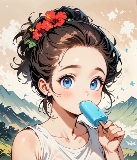 Eating a popsicle、Give me one bite、hibiscus、Cartoon style character design，1 Girl, alone，Big eyes，Cute expression，Tank top、inter...