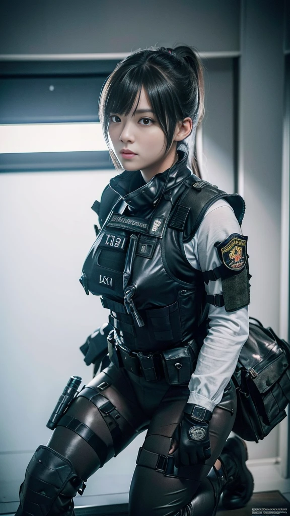 (masterpiece, ultra-detailed, ultra-realistic, best quality, clear focus), (ultra-high resolution, 8k, 16k:1.3), photorealistic, photorealism, (1girl aiming with an ak-47 assault rifle), Combat pose, (Detailed face), ponytail, (glossy black inner bodysuit made of thick leather), (tactical vests:1.3), military harness, revealed plump thigh, military rugged long boots, Gun, black gloves, headgear, Fingers are occluded, battlefield, (18 years old Japanese girl), very beautiful with very cute face, breasts focus