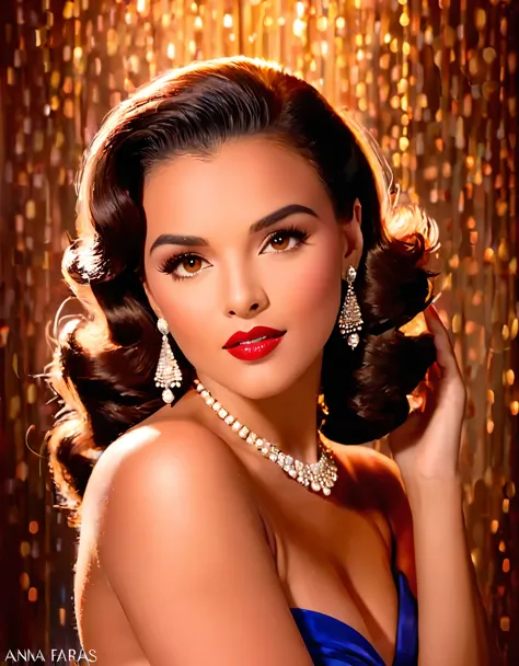 generate a portrait of anna farias exuding timeless elegance and vintage glamour. envision her in a classic hollywood setting wi...