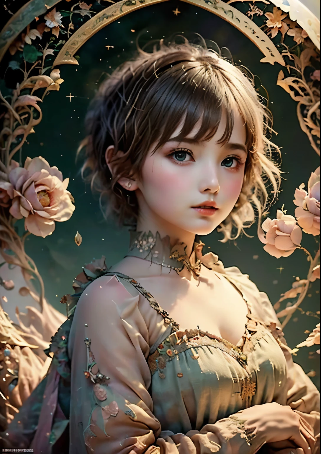 (masterpiece, Highest quality, Highest quality, Official Art, Short chestnut pixie cut hair、beautiful girl:1.2), (Girl in Arab costume), Looks like Sinbad、Very detailed,(Fractal Art:1.3),colorful,Most detailed, Background with fractals and various floral and greenery details