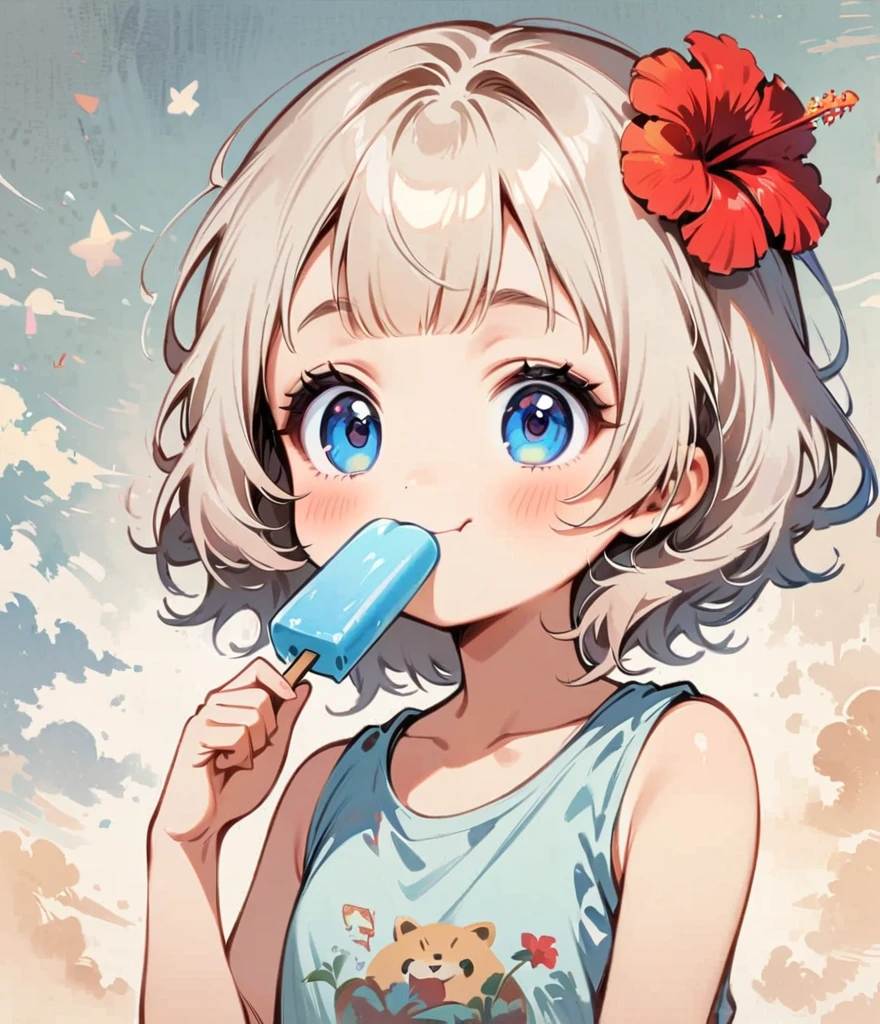Point the popsicle towards me、Give me one bite、hibiscus、Cartoon style character design，1 Girl, alone，Big eyes，Cute expression，Tank top、interesting，interesting，Clean Lines