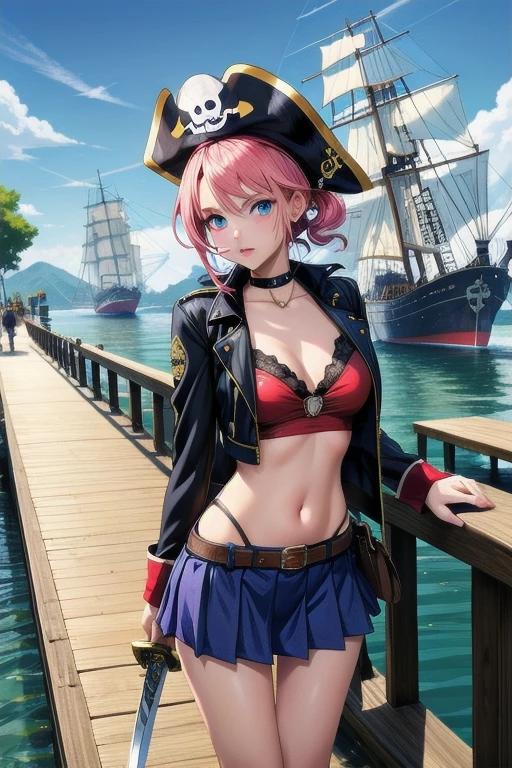 Crie duas personagens de anime vestidas como piratas, com minissaias, em um cenário de um cais e navios piratas, segurando uma espada e um mapa do tesouro.