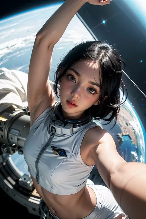absurd res, high res, (masterpiece:1.4), ultra-detailed, 1girl, from above, space, floating