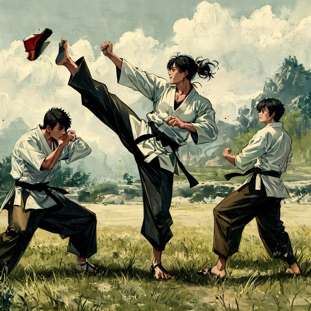 there are three men in 空手道 uniforms doing a kick, 武术, 空手道, 空手道 kick, rob rey 和 kentaro miura 风格, 灵感来自 Gatōken Shunshi, 受到梅御轩永春的启发, doing 武术, 战斗姿态, Kung-Fu, 武术姿势, 合气道, kung fu, 作者：莫里斯·凯斯特曼, 完美的手