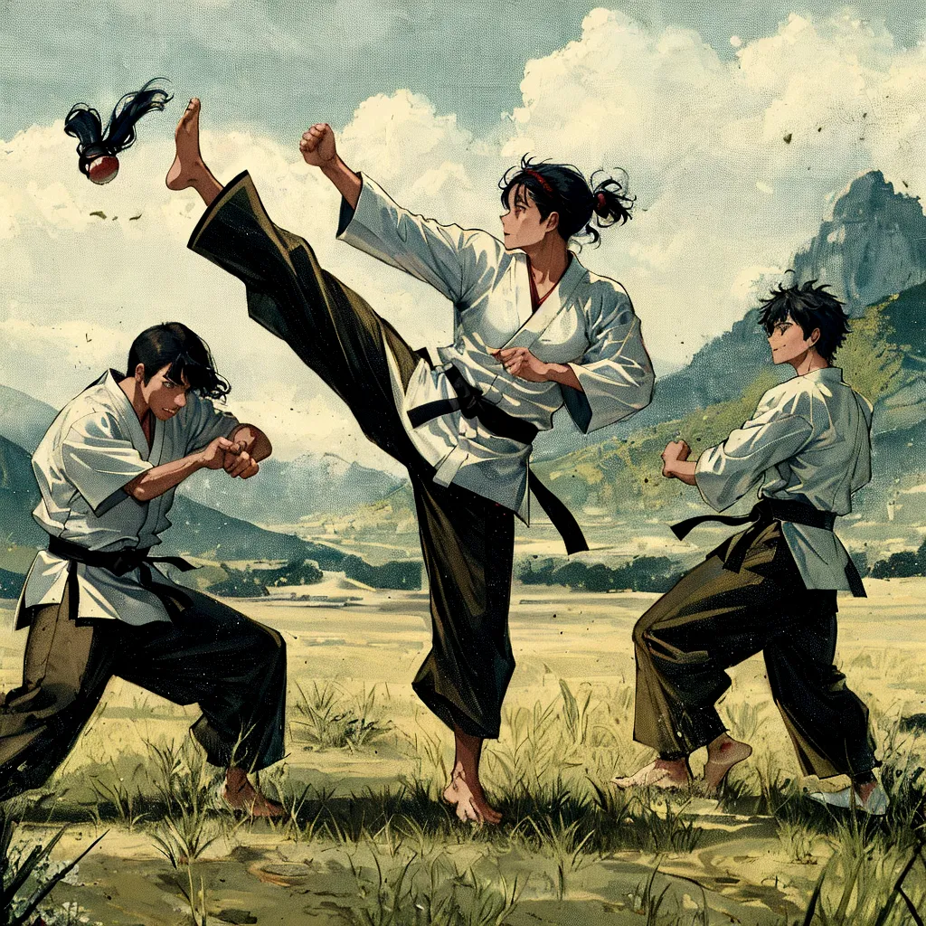 there are three men in karate uniforms doing a kick, martial arts, karate, karate kick, rob rey and kentaro miura style, inspire...