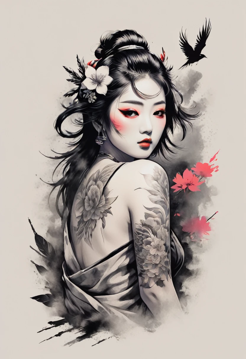 Concevez un t-shirt avec une illustration japonaise fantastique d&#39;une geisha samouraï nue tatouée sur l&#39;épaule. (Portrait à moitié du corps)  Combinez un dessin noir et blanc détaillé avec du dynamisme, éléments fantastiques numériques colorés corbeaux. Inspirez-vous des styles complexes et dynamiques de Dan Mumford, Junko Mizuno, et Frank Frazetta.espace négatif