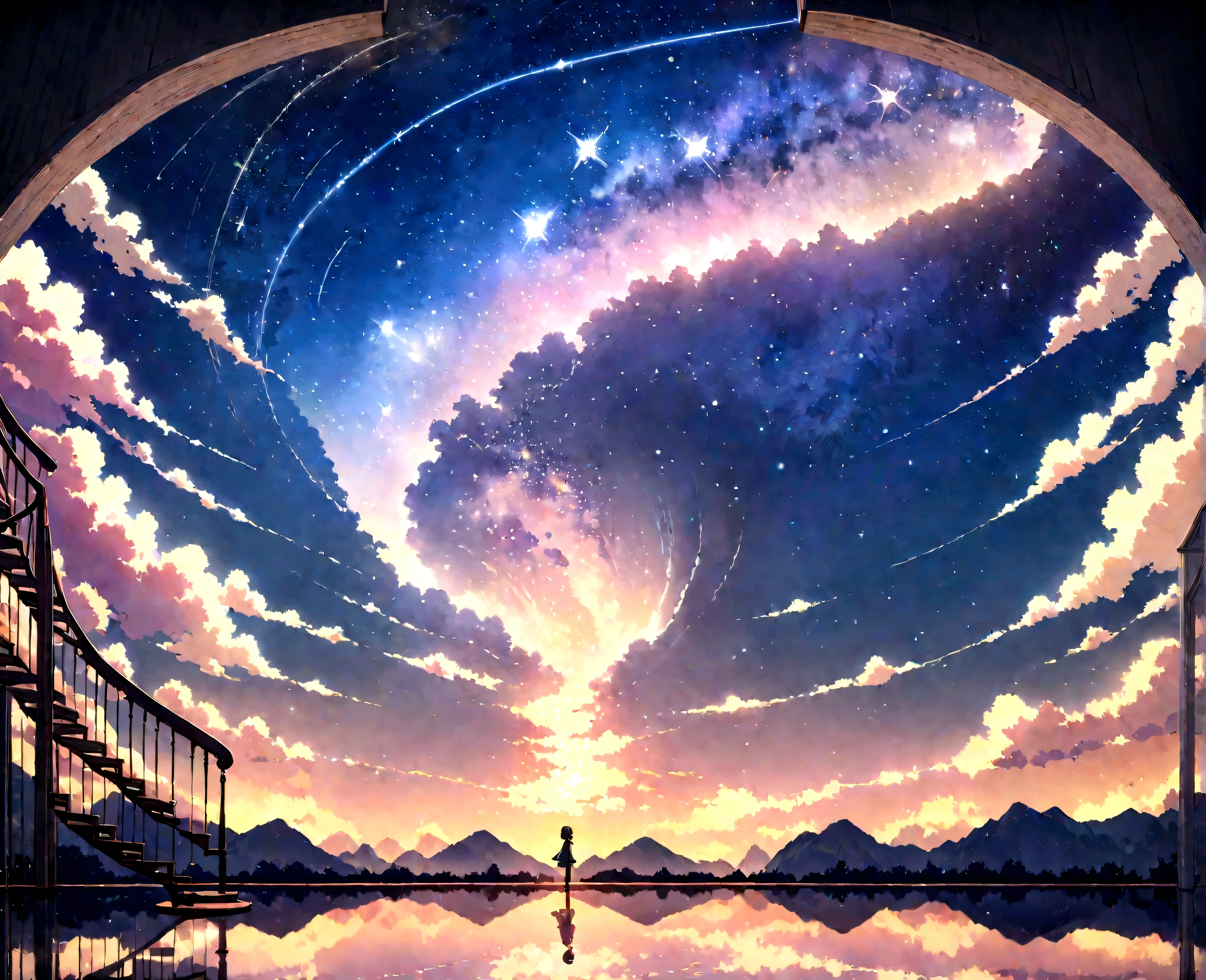 View from Heaven、Above ground、見下ろすAbove ground、Spiral staircase in the sky。High quality masterpiece, landscape, Uyuni salt lake、Spiral staircase to heaven、 明るいStarry Sky. Uyuni salt lake, Pixiv, Concept Art, Lofi Art style, reflection. by Makoto Shinkai, Lofi Art, Beautiful anime scene, Anime landscape, 詳細なlandscape —幅672, in Makoto Shinkai&#39;s Style, Makoto Shinkai&#39;s Style, Enhanced Details.Spiral staircase to heaven、 Famous anime drawings, Topics on pixiv, magical realism, Space Sky. by Makoto Shinkai, Starry Sky!!, Awesome Wallpapers, Anime Sky, the sky is a Starry Sky, Atmospheric anime, Anime Background, Anime Background art, Starry Sky, Star-filled sky