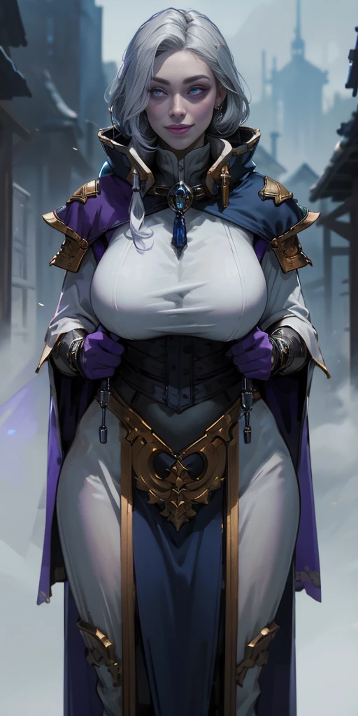 (Female chest covered)(smile) Gray skin, pale golden hair and violet eyes. She prefers clothing of white and silver with cloaks of deep blue or purple, village background, huge_knockers ((very precise detailed)) ((highres)