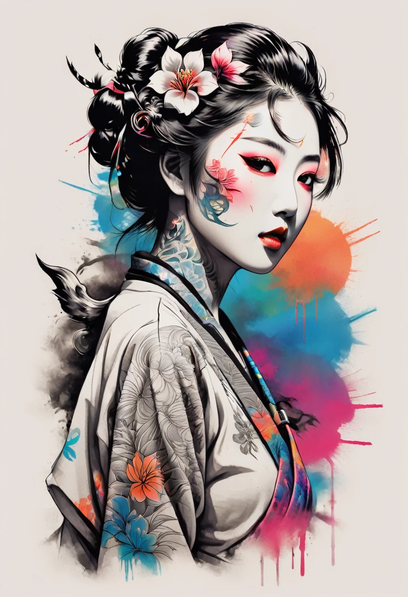 Design a t-shirt featuring a fantasy Japanese illustration of a samurai Geisha tattooed shoulder. (half body portrait)  Combine a detailed black and white drawing with vibrant, colorful digital fantasy elements dragon. Draw inspiration from the intricate and dynamic styles of Dan Mumford, junko mizuno, and Frank Frazetta.negative space