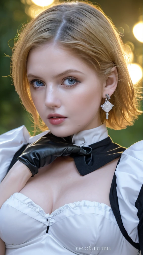 1 miniature Beautiful beautiful woman - Yuan Sayuki, ((top quality, 8K, Masterpiece:1.retty woman, 1 woman, huge breasts:1.3, a slim body:1.1, lush GINGER short hair, (shower, wet body, wet clothes:1.1), very detailed face, detailed lips, detailed eyes, double eyelids, Detailed blue eyes, чрезвычайно Detailed Outstanding Blue Eyes, short GINGER wet hair, GINGER wet hair, Detailed Outstanding Blue Eyes, innocent look at the viewer, very wet wavy white hair, Detailed Outstanding Blue Eyes, huge cross earrings, Outdoors, badges behind, gothic maid uniform,  sexy maid dress, bare chest, huge chest tattoo, detailed huge catholic cross earrings, chest tattoo, Outside, wear a silver cross (Detailed cross shape), reality mode, wet breasts, black necklace, human crowd behind, black latex gloves, hair of white snowy colour, night time, red neon lights, demonic nun, nimbus (golden lighting ring above her head), angel, snowy weather, sexy pose, white lingerie, black maid dress, detailed flower wreath made of different colours