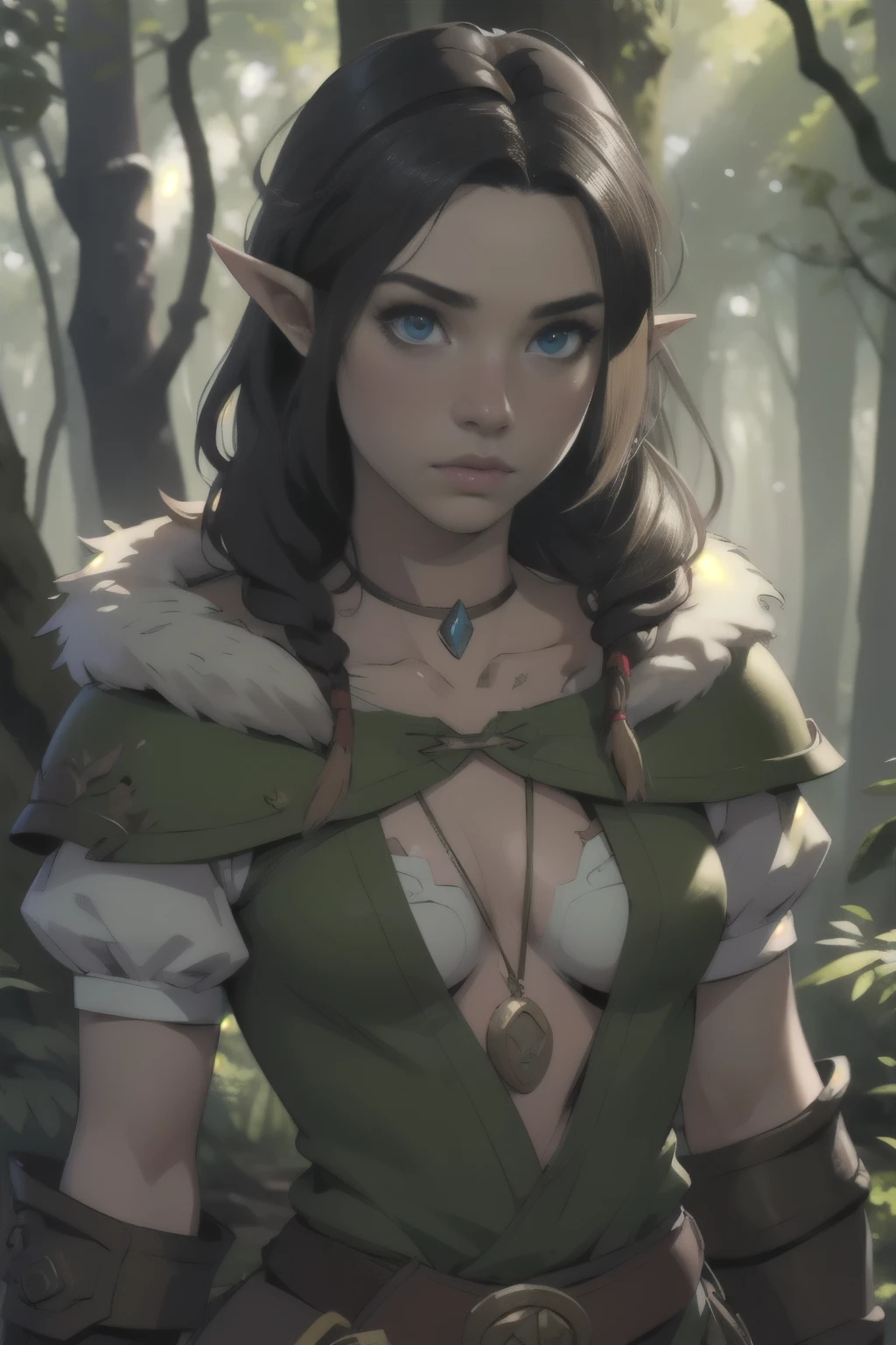 Ancient, Lost elf tribe, Zelda, fur armor, rings, female creature, prehistoric era, hunter, Extremely realistic shading, masterpiece, extremely detailed, photorealistic, perfect lighting, ((ruined forest)), ((flat chest)), black hair