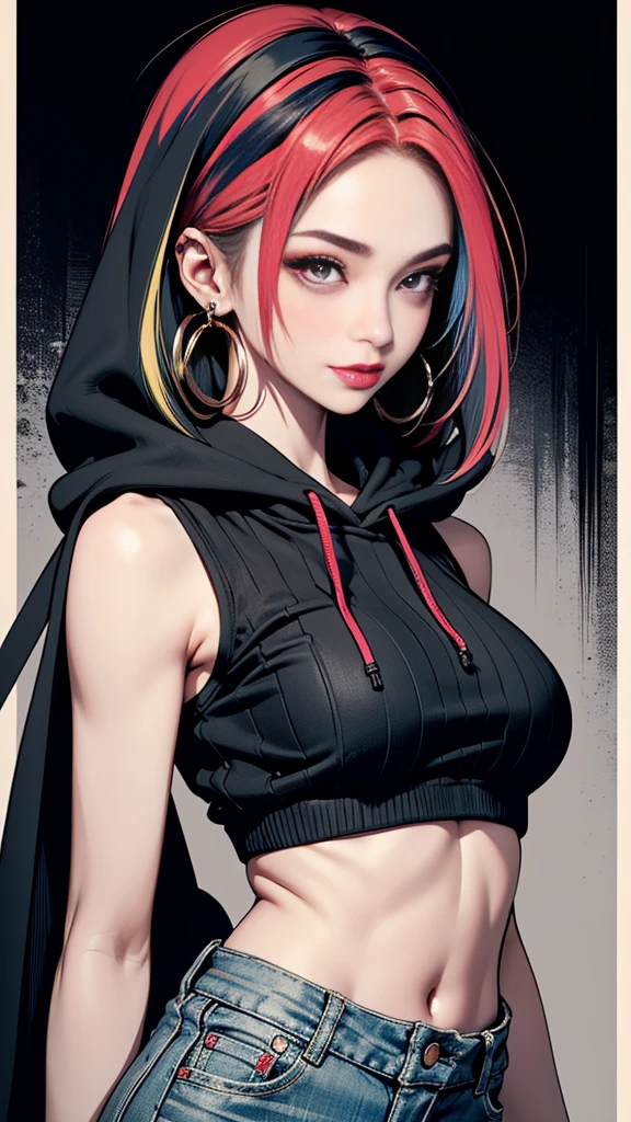 sfw, (hooded sweatshirt:1.1),((masterpiece)), ((best quality)), (ultra-detailed), ((extremely detailed)), 4K, (8K), best quality, (beautiful), extremely detailed,young girl, Cool Girl,(1girl), solo,bob cut,side braid,(two-tone coloring:1.6),beautiful white hair,(beautiful red hair),beautiful pink eyes, beautiful lips,(small breasts:1.2),slim, sad smile, earrings,(Lots of earrings),Ear Body Piercing, wearing bra,((skinny waist)), young asian girl, ((big breasted)),