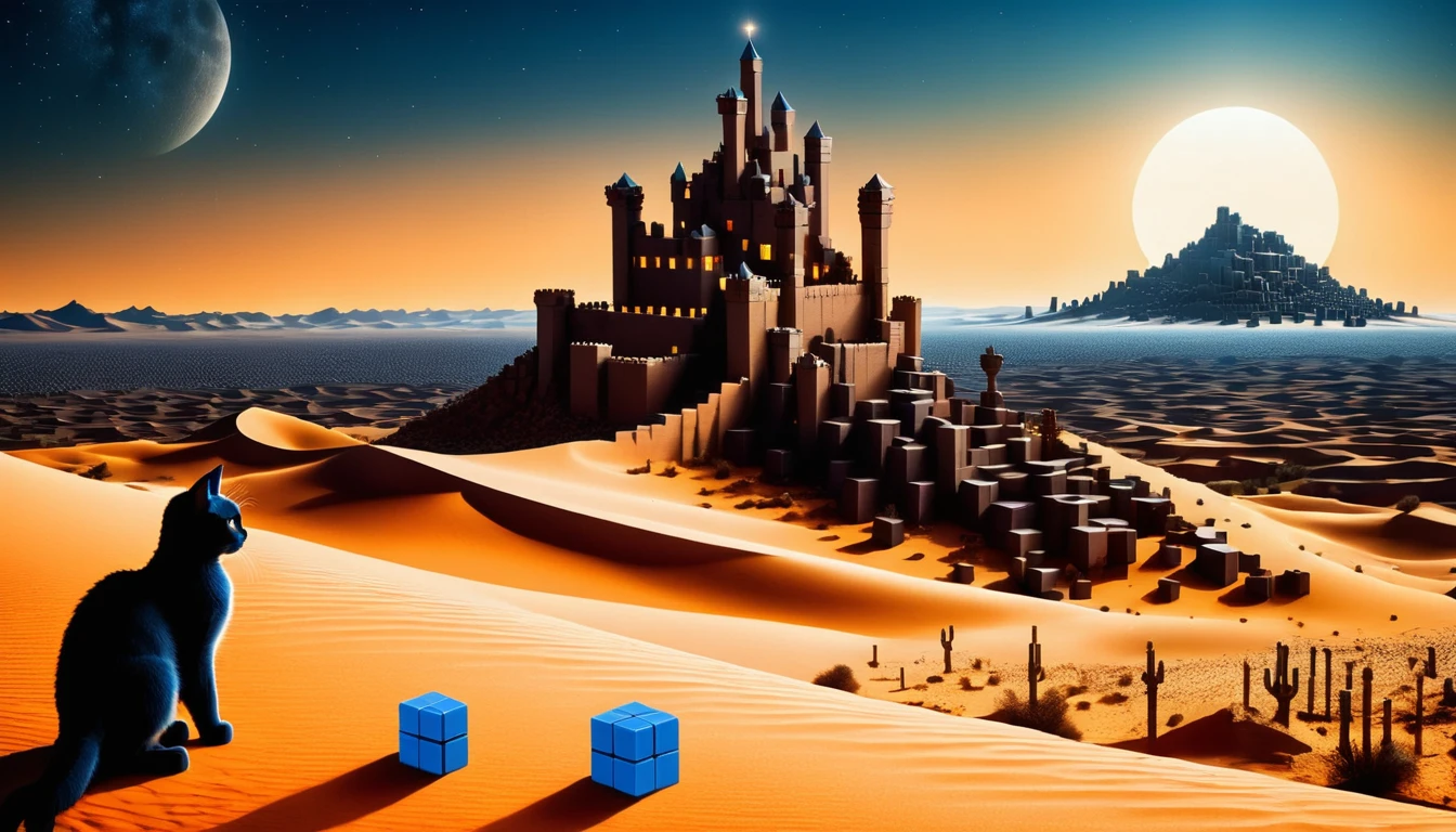 A desert made of small RAL-3D cubes,An old castle stands,Midnight in the desert,Several small RAL-3D cubes fall from above,Wrapped in a fantastic dark light,A kitten is watching from afar