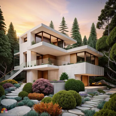 The MODERN HOUSE is located on the upper hill, (curly pathway in front of the house), white wall, concrete, glass windows, wood ...