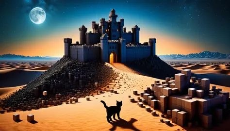 A desert made of small RAL-3D cubes,An old castle stands,Midnight in the desert,Several small RAL-3D cubes fall from above,Wrapp...