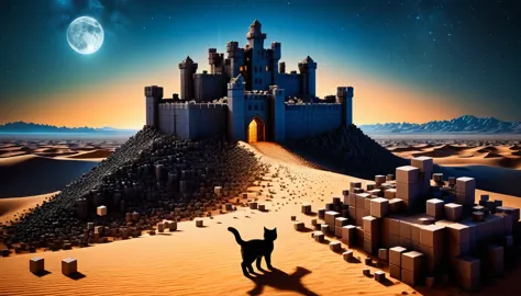 a desert made of small ral-3d cubes,an old castle stands,midnight in the desert,several small ral-3d cubes fall from above,wrapp...