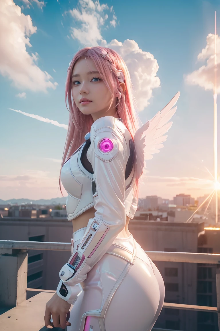 ((masterpiece, best quality, extremely detailed), volumetric lighting, ambient occlusion, colorful, glowing), 
1girl, solo, young girl, (pink hair), long hair, halo, aura, sacred, godness, cyber suit, (white outfit:1.3), android, bot, angel wings,
outdoors, sunset, sky, clouds, space, (cyberpunk theme:1.2),