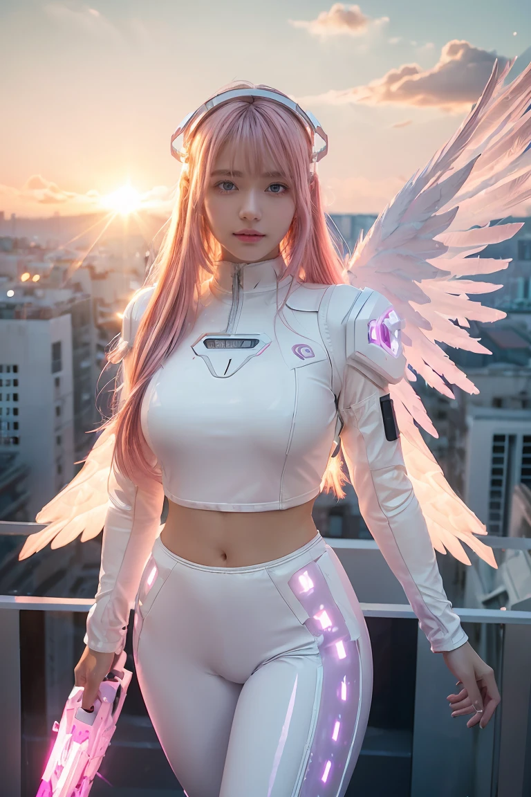 ((masterpiece, best quality, extremely detailed), volumetric lighting, ambient occlusion, colorful, glowing), 
1girl, solo, young girl, (pink hair), long hair, halo, aura, sacred, godness, cyber suit, (white outfit:1.3), android, bot, angel wings,
outdoors, sunset, sky, clouds, space, (cyberpunk theme:1.2),