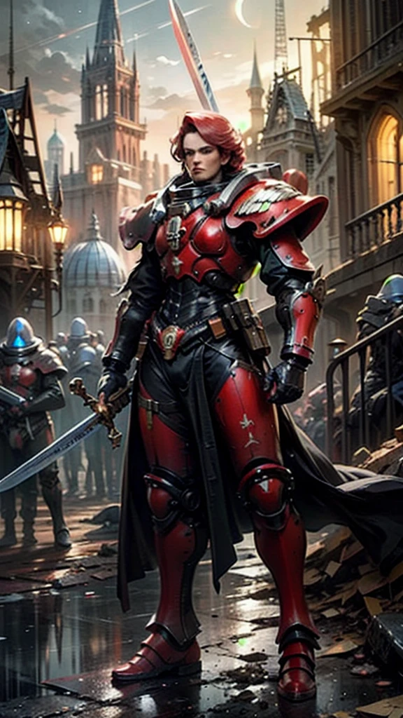 Bloody Rose Sisters pilot suit,  Elite Imperial law enforcers who patrol the desert, Holding a sword, Dress in detail (outer armor:1.2) ,  Sci-fi scene, Castle ruins in the distance, moonlight,    