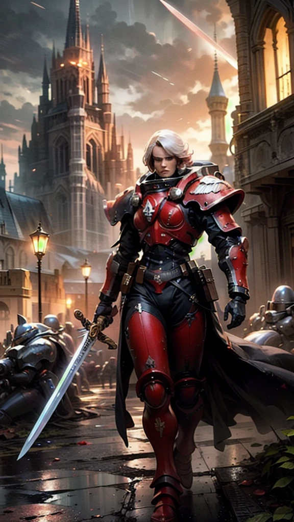 Bloody Rose Sisters pilot suit,  Elite Imperial law enforcers who patrol the desert, Holding a sword, Dress in detail (outer armor:1.2) ,  Sci-fi scene, Castle ruins in the distance, moonlight,    